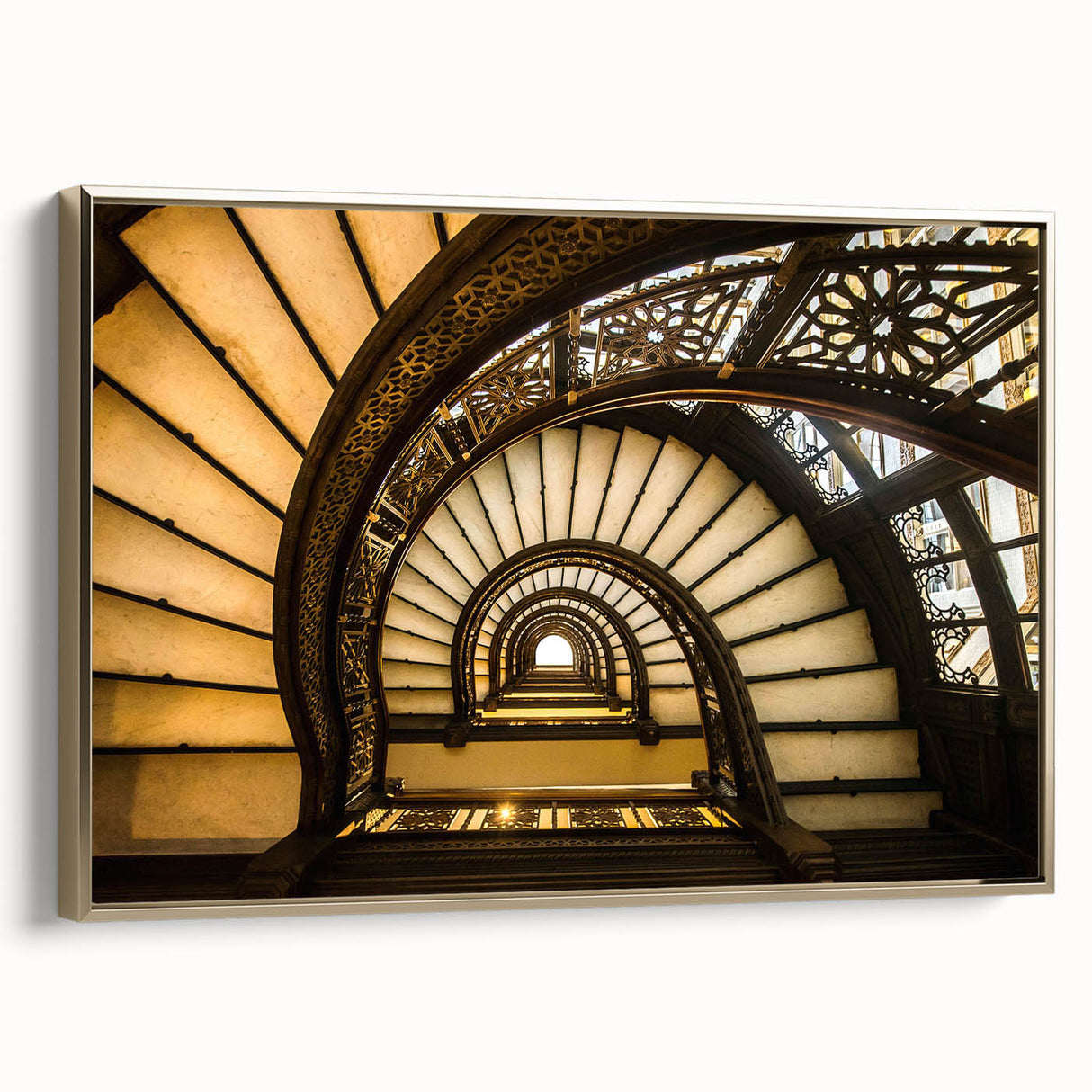Framed canvas of Chicago skyline in black and gold tones, ideal for bedroom wall art.