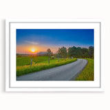 Abstract art print of a Kentucky landscape in muted green and blue tones, framed with a white mat.
