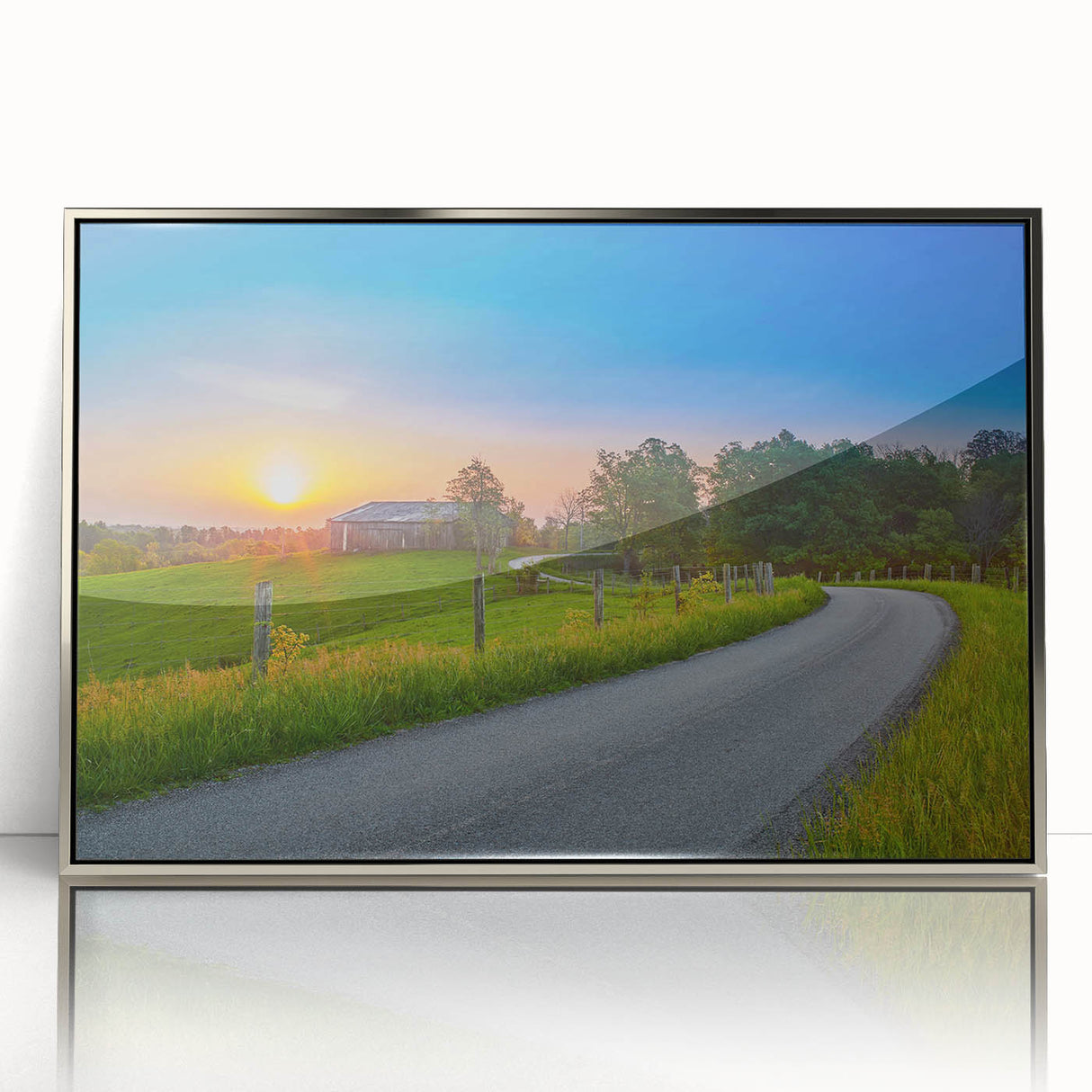 Mid-century modernist art depicting Kentucky scenery in muted earth tones on a silver-framed acrylic print.