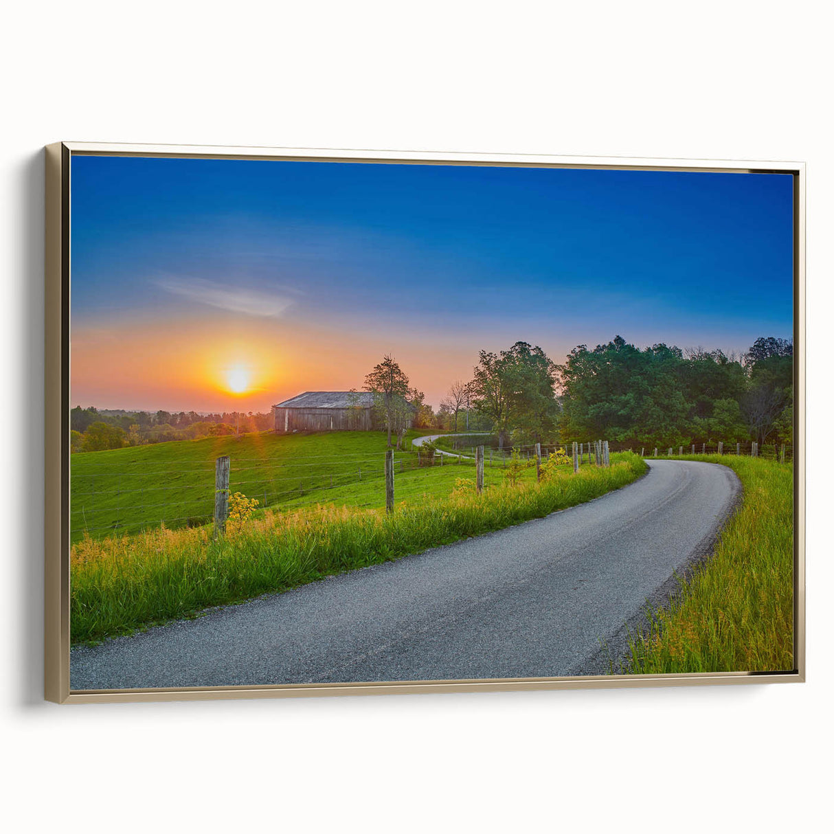 Vintage poster art of a Kentucky landscape on a framed canvas, featuring a black and gold color scheme.