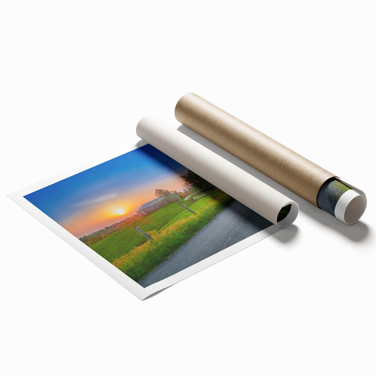 Extra large rolled print of Kentucky scenery with soft floral patterns in muted colors, ideal for classy bathroom wall art.