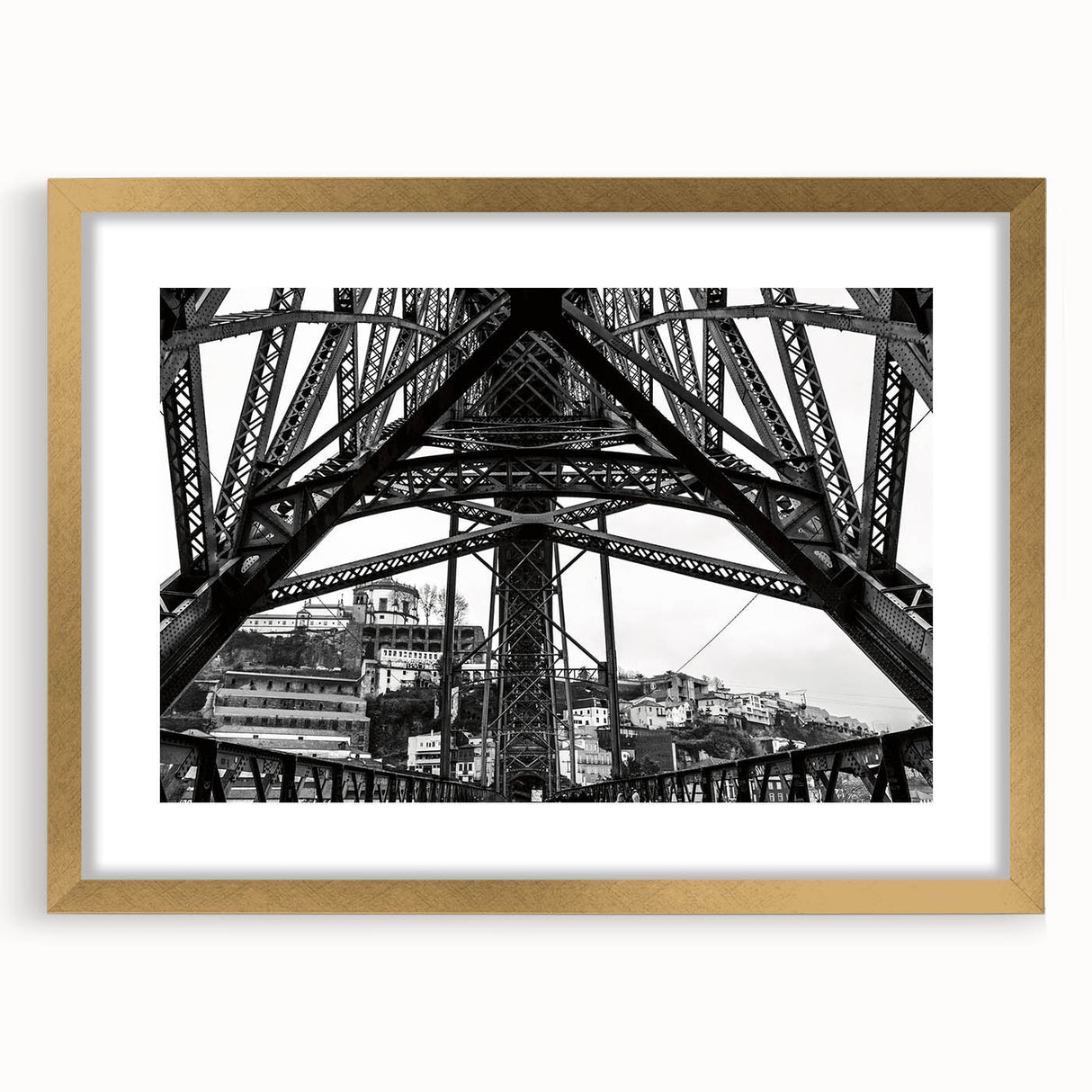 Extra large abstract art print of New Orleans scenery in gold frame, featuring textured brush strokes in earth tones.