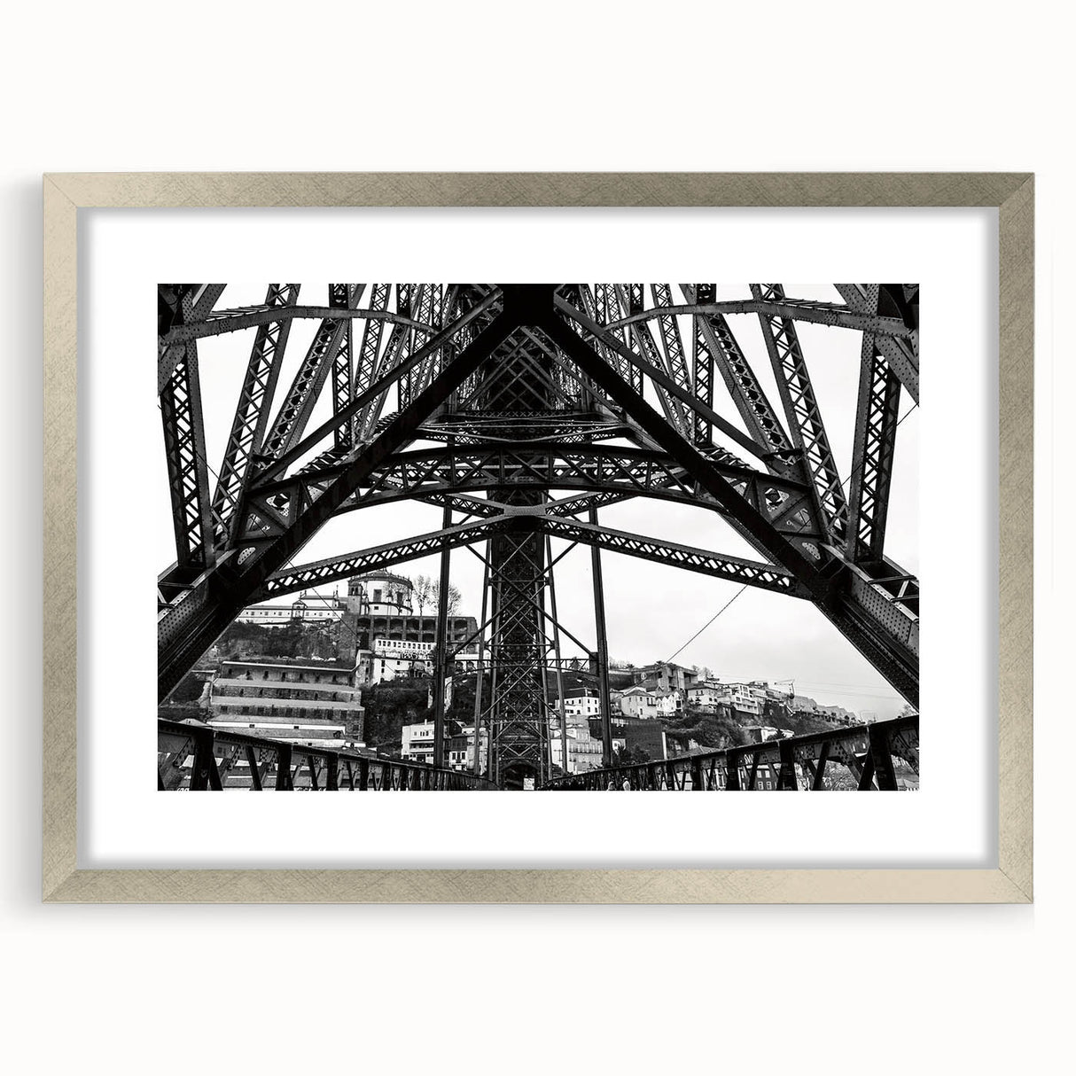 Textured abstract art print of New Orleans in muted gray and blue tones on a framed silver mat, suitable for bedroom art.