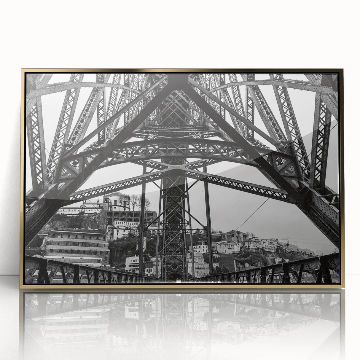 Acrylic print of New Orleans scenery in mid-century modernist style with muted gold tones, ideal for nursery wall art.
