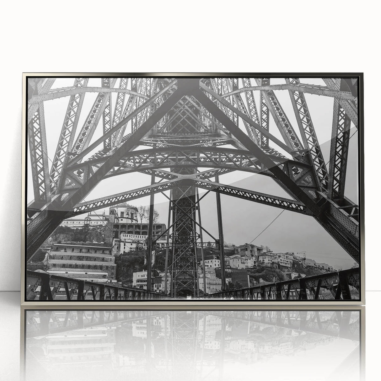 Mid-century modernist New Orleans skyline in muted earth tones, silver-framed acrylic print, suitable for nursery wall art.