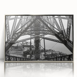 Mid-century modernist New Orleans skyline in muted earth tones, silver-framed acrylic print, suitable for nursery wall art.