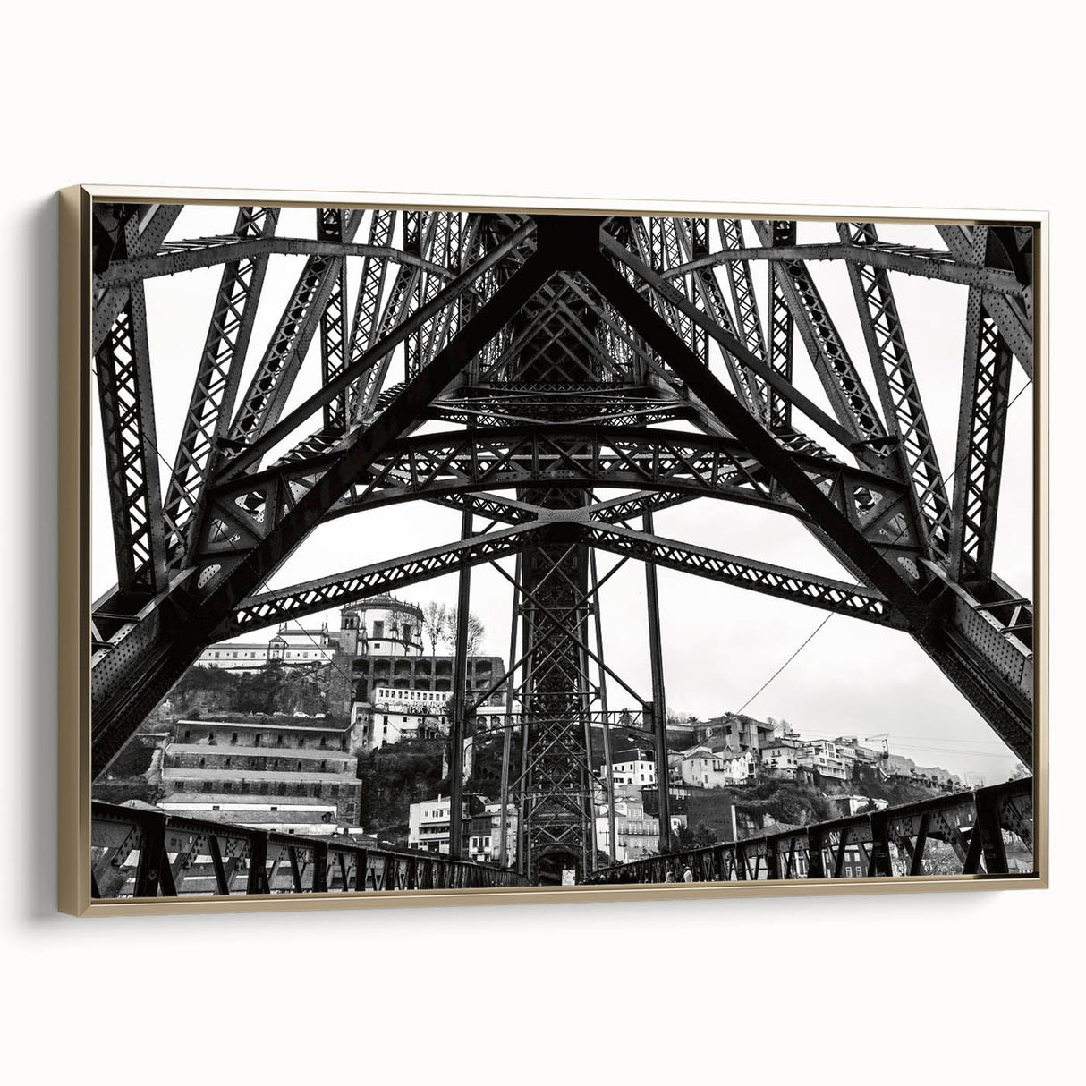 Framed canvas depicting a vintage-style New Orleans landscape in black and gold tones, ideal for bedroom wall art.