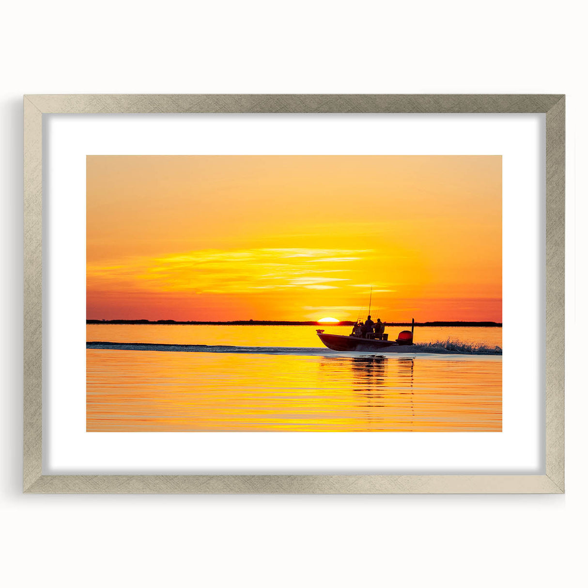 Textured abstract art print of Louisiana scenery in muted earth tones on a framed silver mat, suitable for bedroom decor.