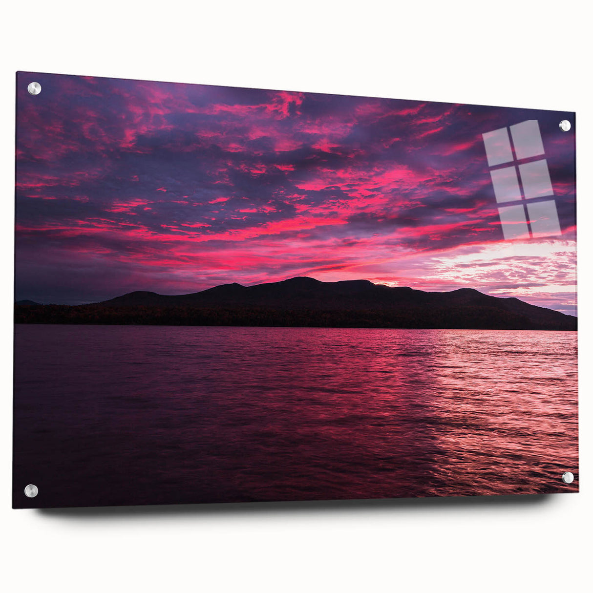 Acrylic print of a serene Maine landscape in soft blue and green tones, perfect for dining room ambiance.