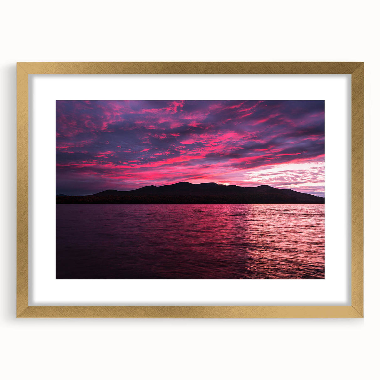 Extra large textured abstract art print of a Maine landscape in muted earth tones, framed in gold.