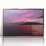 Mid-century modernist acrylic print of a Maine landscape in muted earth tones, framed in silver.