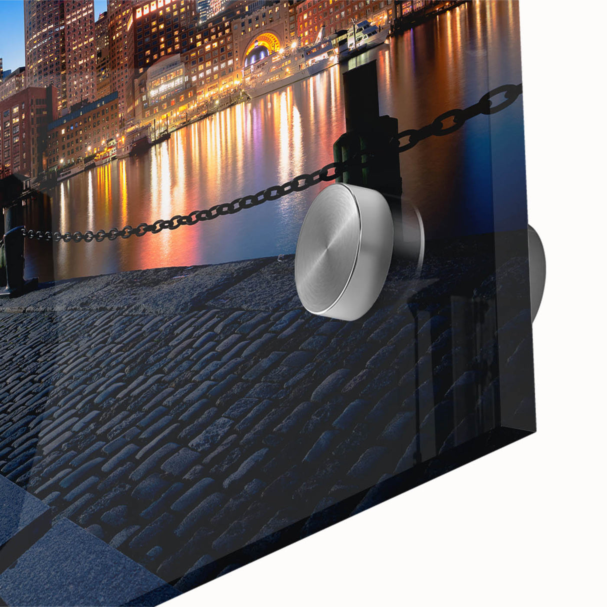 Large abstract wall art of Boston skyline in muted gray and blue tones on acrylic glass, ideal for dining room art.