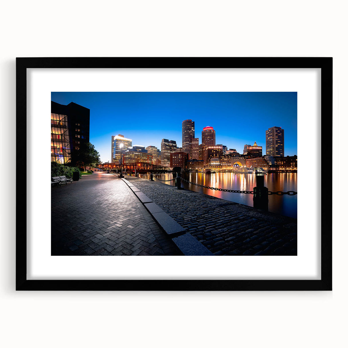 Extra large abstract art print of a colorful Boston skyline, textured on a black framed canvas, ideal for living room decor.