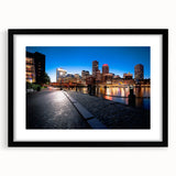 Extra large abstract art print of a colorful Boston skyline, textured on a black framed canvas, ideal for living room decor.