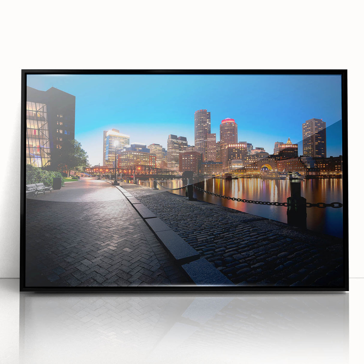 Large abstract wall art depicting the Boston skyline in muted gray and blue tones, framed in black acrylic.
