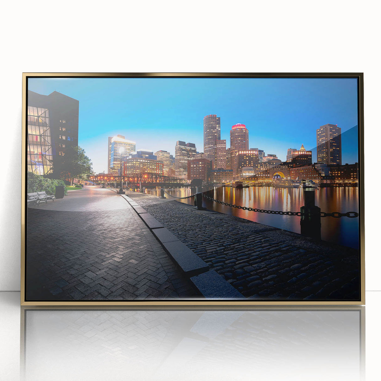 Framed acrylic print of Boston skyline in muted gold tones, ideal for modern art wall decor.