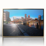 Framed acrylic print of Boston skyline in muted gold tones, ideal for modern art wall decor.