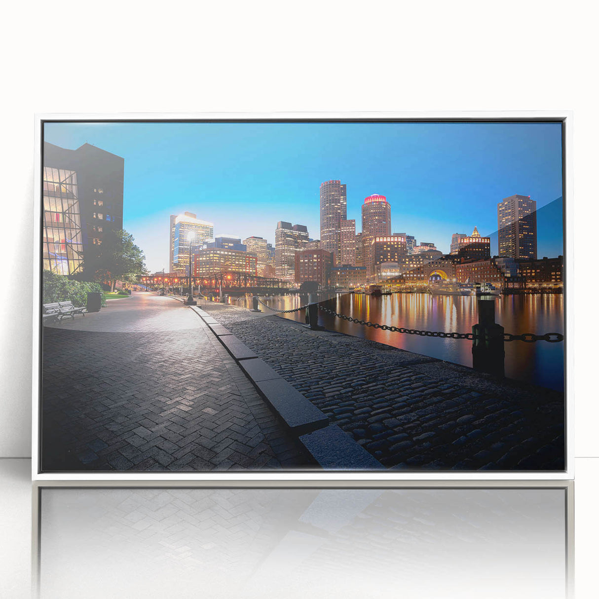 Acrylic print of Boston skyline in art deco style with soft pastel hues, ideal for nursery wall art.