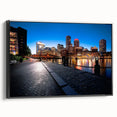 Framed canvas of black and white Boston landscape, vintage poster style, ideal for bedroom wall decor.