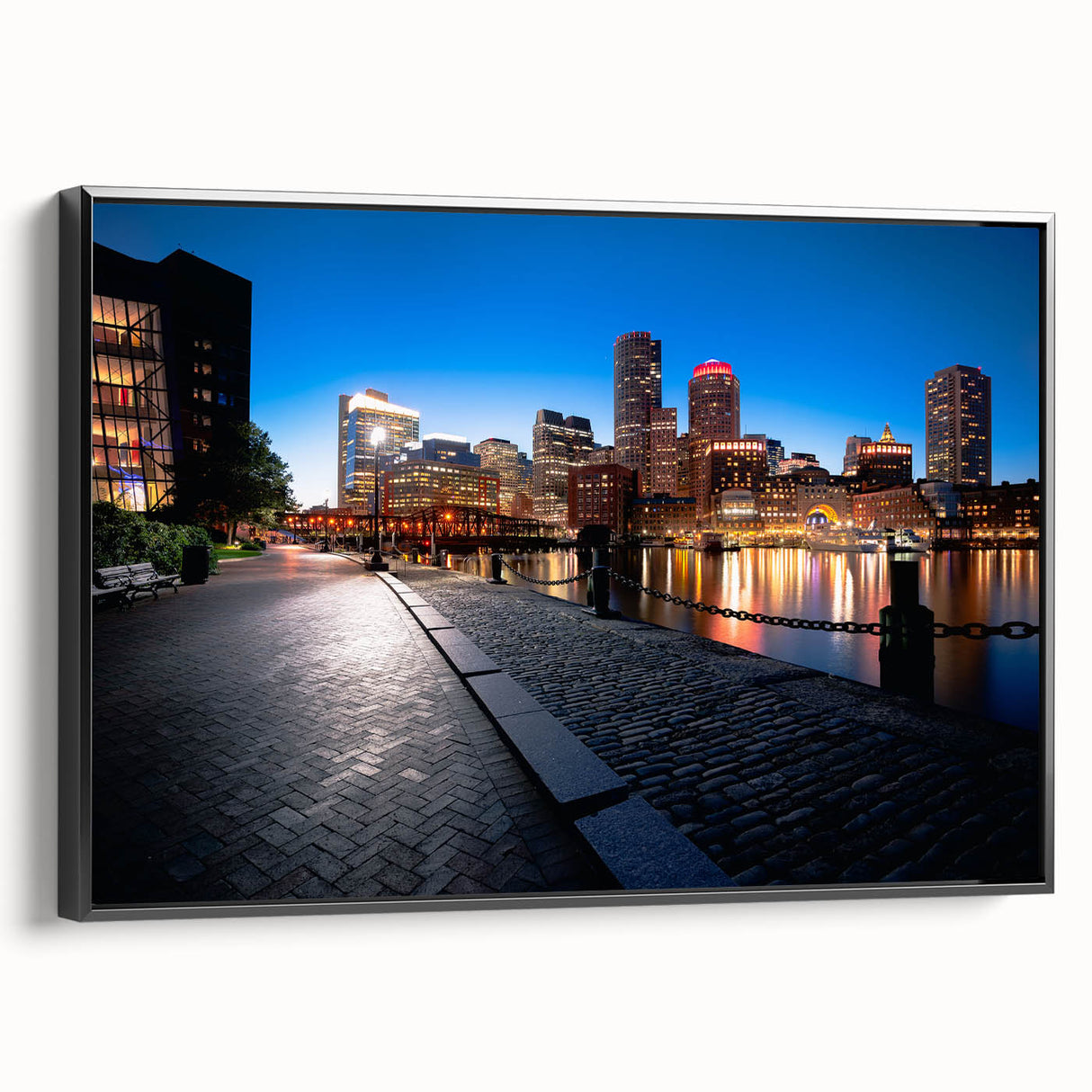 Framed canvas of black and white Boston landscape, vintage poster style, ideal for bedroom wall decor.