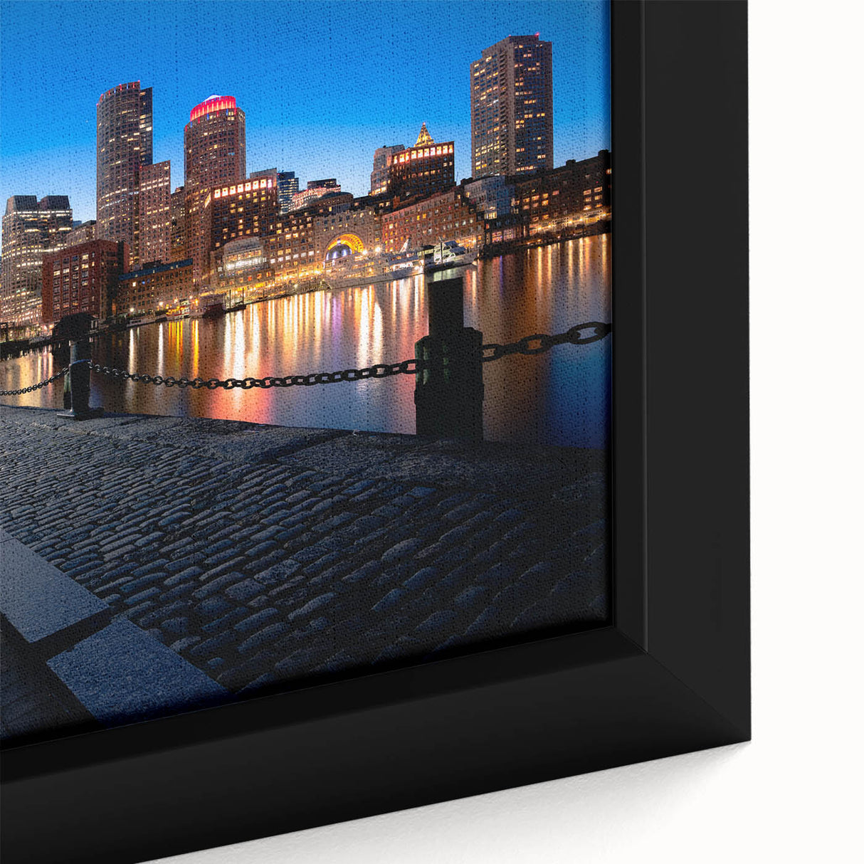 Framed canvas of a textured Boston skyline in black with vibrant colorful accents, ideal for living room decor.