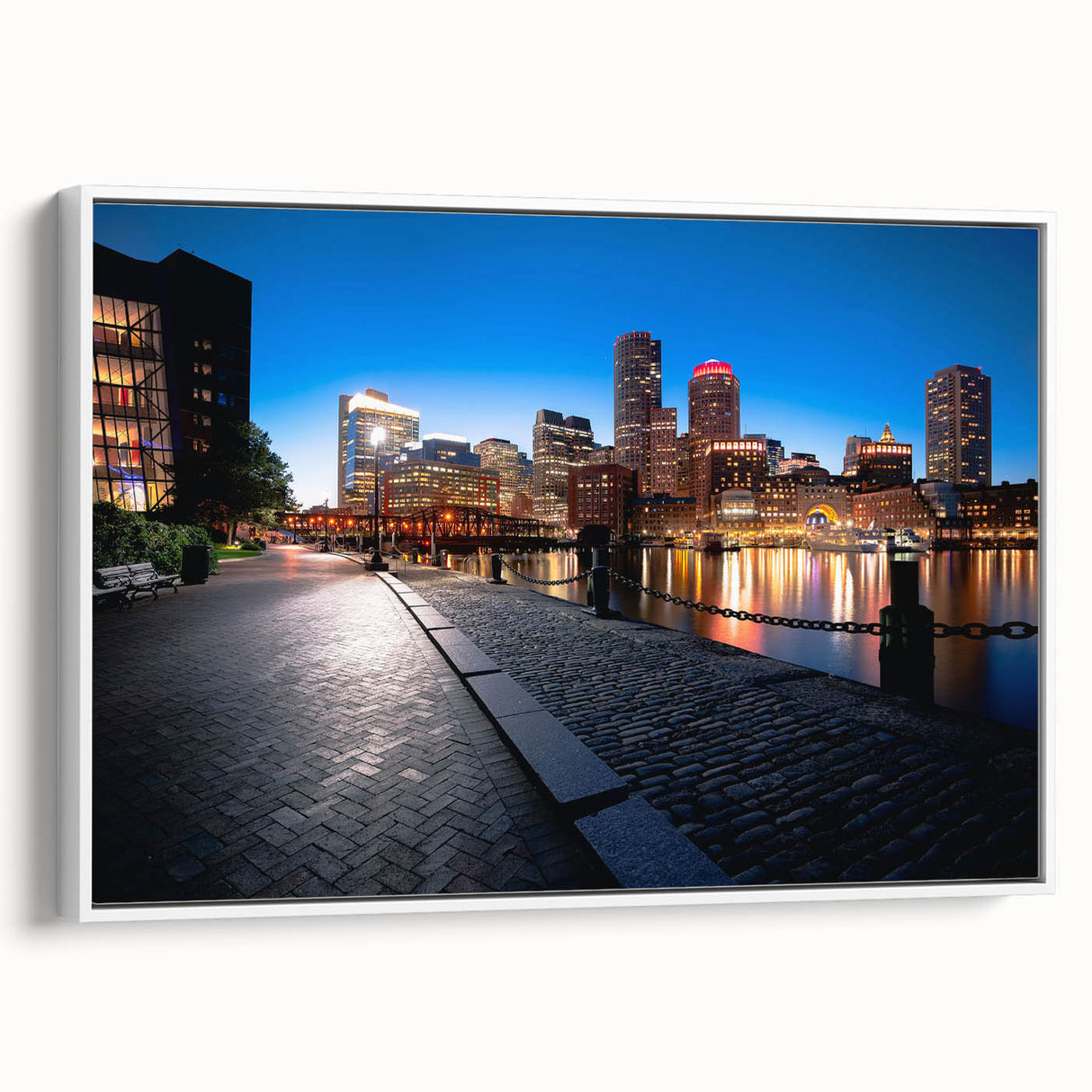 Vintage poster art of Boston skyline in colorful hues on a large framed canvas, ideal for living room decor.