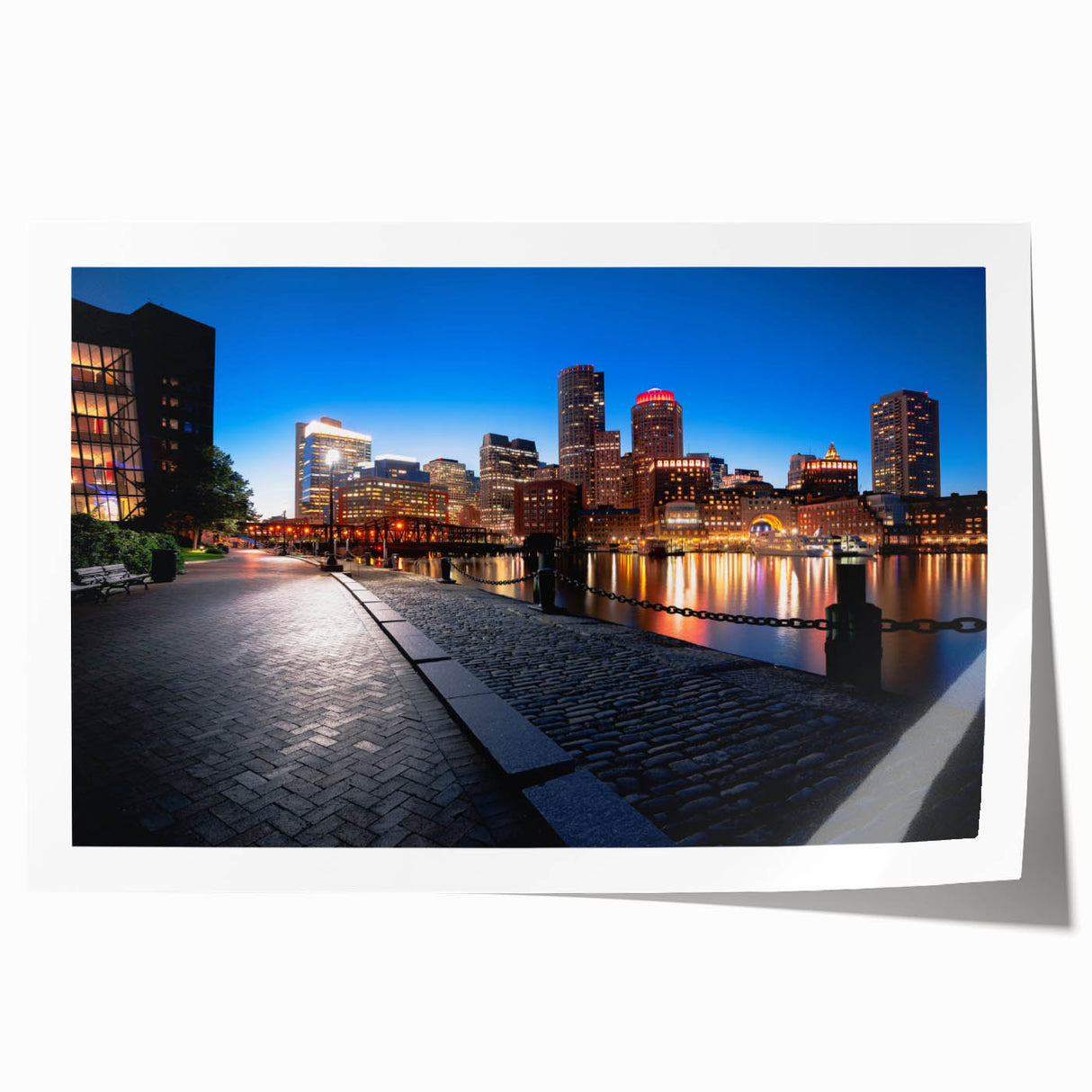Rolled print of Boston skyline in muted blue and gray tones, ideal for art wall dining room.