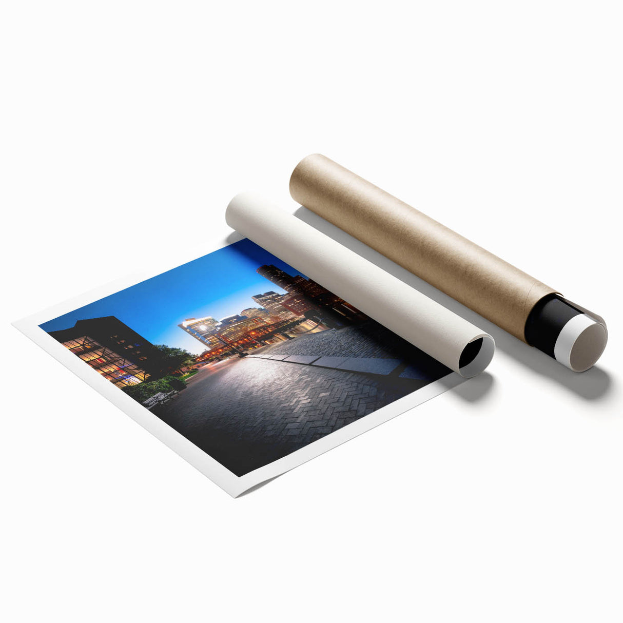 Extra large rolled print of Boston scenery with floral accents in muted tones, ideal for classy bathroom wall art.
