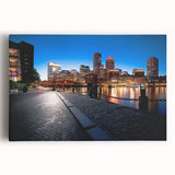 Black and white stretched canvas of Boston skyline, ideal for kitchen wall art.