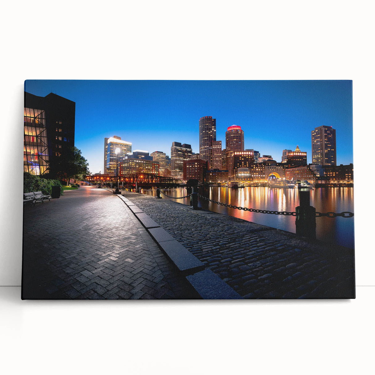 Black and white photo of Boston skyline on large stretched canvas, suitable as kitchen wall art or for bedroom ambiance.