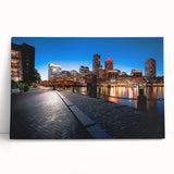 Black and white photo of Boston skyline on large stretched canvas, suitable as kitchen wall art or for bedroom ambiance.