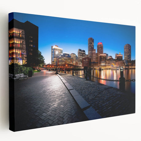 Panoramic view of the Boston skyline in muted blue tones on stretched canvas, suitable for kitchen wall art.