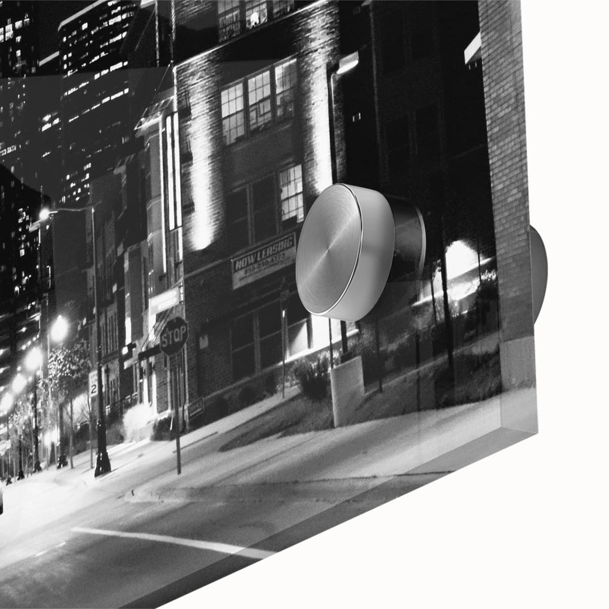 Large abstract wall art of Detroit skyline in muted gray and blue tones on acrylic glass, ideal for dining room ambiance.
