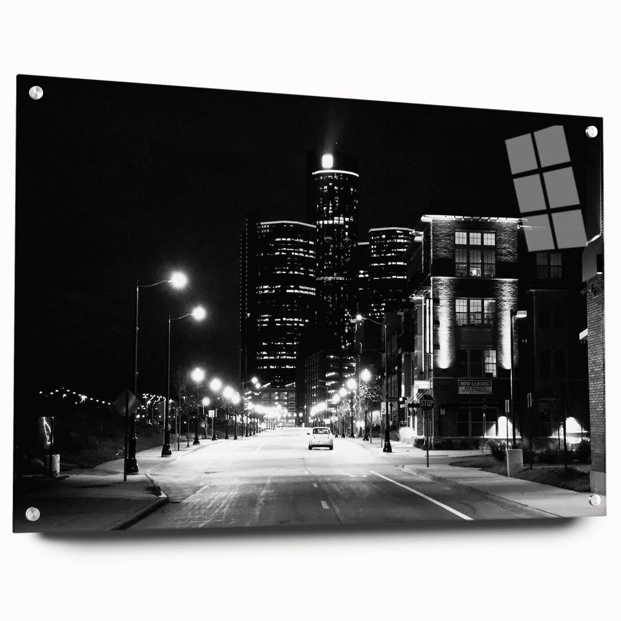 Acrylic print of a large abstract depiction of Detroit skyline in cool blue and gray tones.