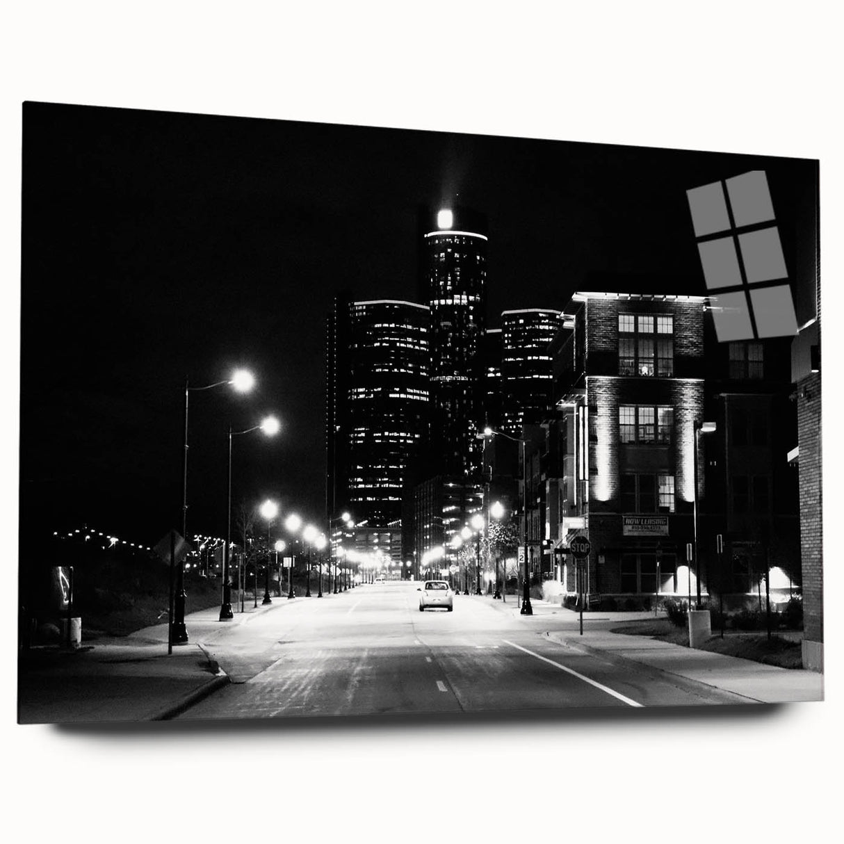 Acrylic print of a large abstract depiction of Detroit skyline in muted blue and gray tones.