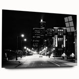 Acrylic print of a large abstract depiction of Detroit skyline in muted blue and gray tones.