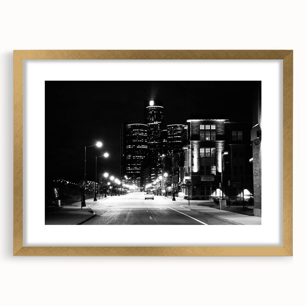 Extra large abstract art print of Detroit skyline in textured shades of blue and gray on a gold-framed canvas.