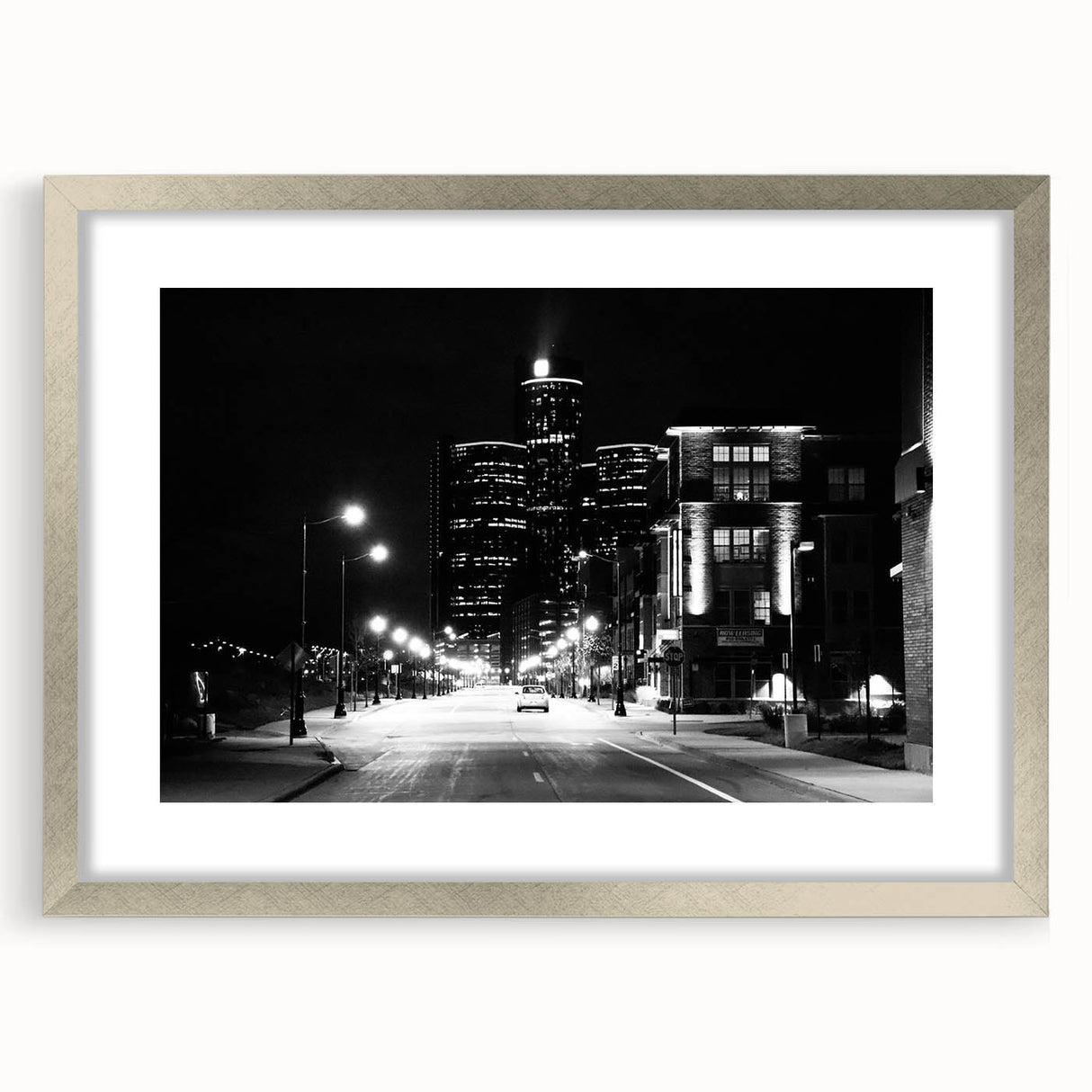 Textured abstract art print of Detroit skyline in muted gray and silver tones, framed with a mat, ideal for bedroom art.