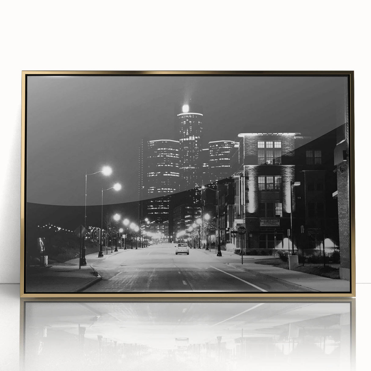 Framed acrylic print of Detroit skyline in muted gold and gray tones, ideal for modern art wall decor.