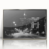 Mid-century modernist art of Detroit skyline in muted silver and blue hues on framed acrylic.