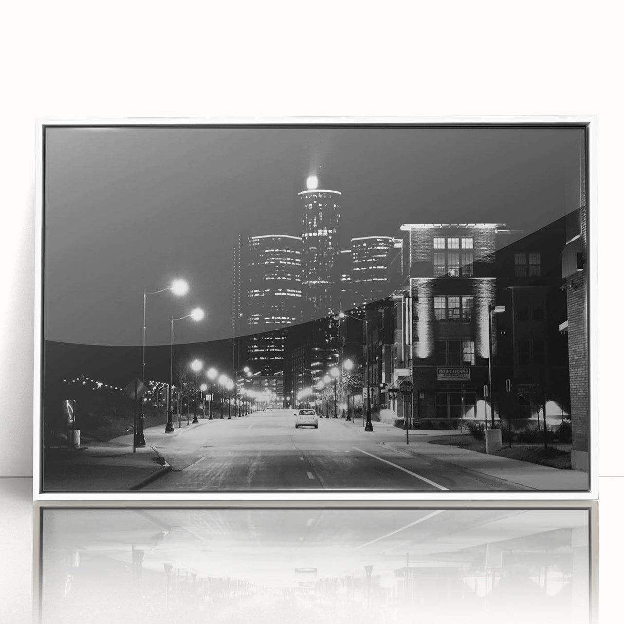 Art deco style poster of Detroit skyline in muted gray and blue tones on framed acrylic, suitable for modern art wall decor.