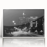 Art deco style poster of Detroit skyline in muted gray and blue tones on framed acrylic, suitable for modern art wall decor.
