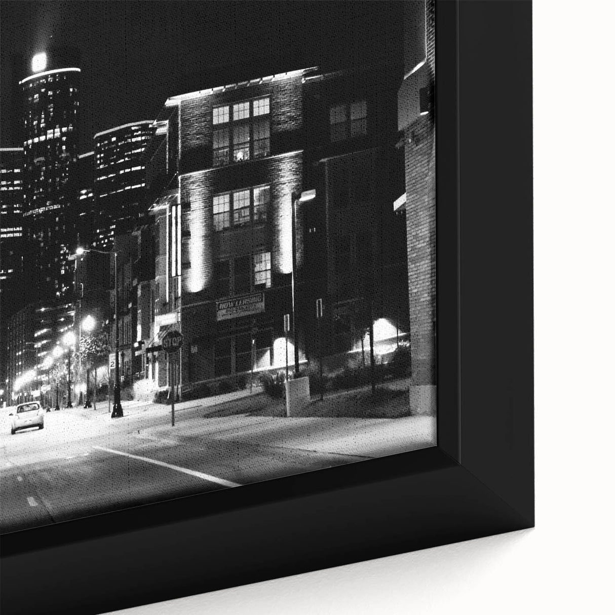 Extra large framed canvas featuring a textured depiction of the Detroit skyline in black with colorful art accents.