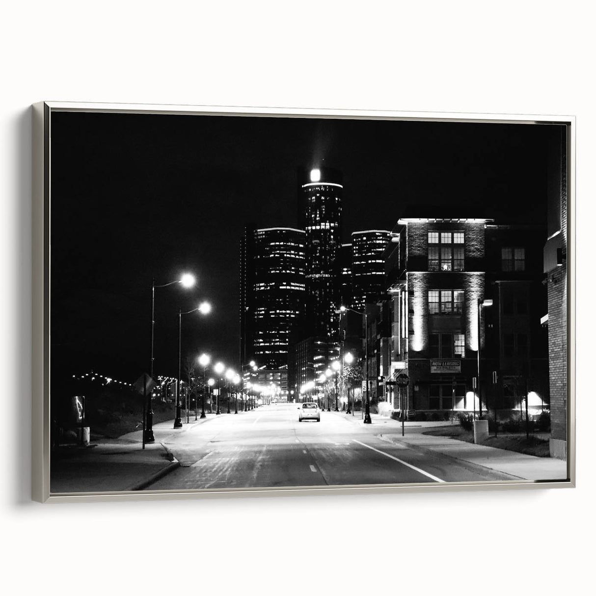 Landscape art painting of Detroit skyline in colorful tones on a framed canvas, ideal for office wall decor.