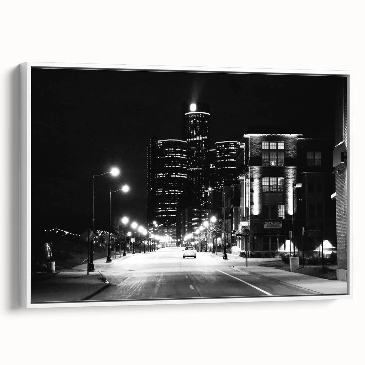Vintage poster art of Detroit skyline in vibrant colors on large framed canvas, ideal for living room decor.