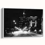Vintage poster art of Detroit skyline in vibrant colors on large framed canvas, ideal for living room decor.
