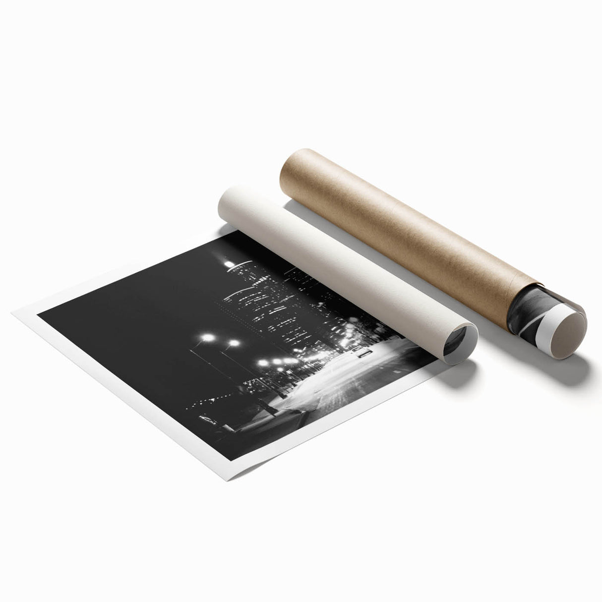 Rolled print of Detroit skyline with muted gray and blue tones, ideal for classy bathroom wall art.