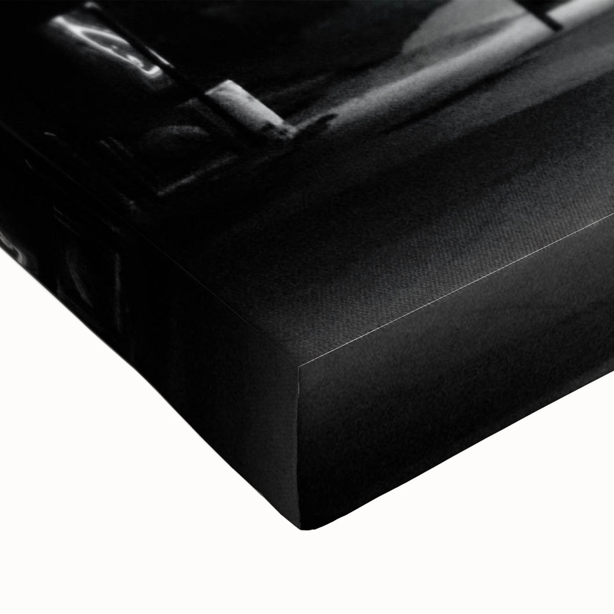 Large art depicting the Detroit skyline in black and white on stretched canvas, suitable for bedroom wall decor.