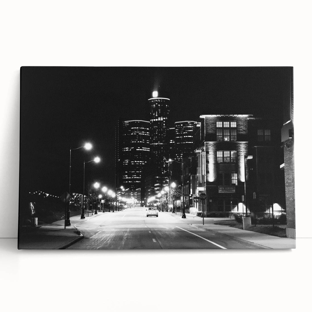 Black and white wall art featuring a detailed Detroit skyline on stretched canvas, ideal for kitchen wall art.