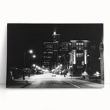 Black and white wall art featuring a detailed Detroit skyline on stretched canvas, ideal for kitchen wall art.
